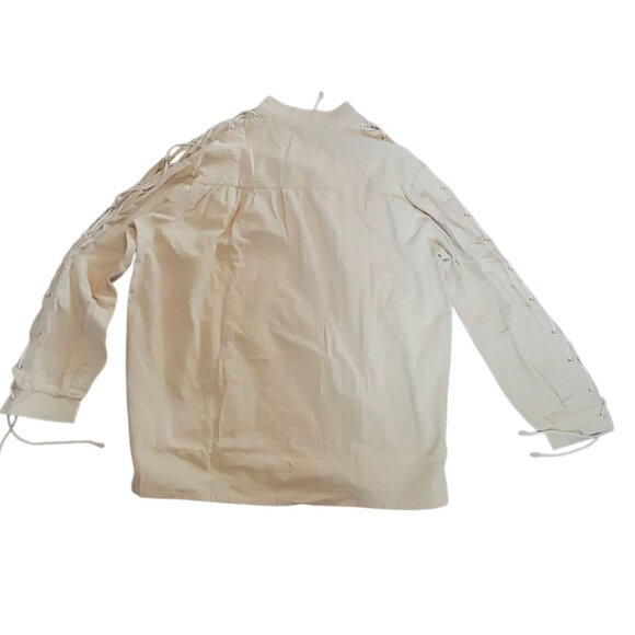 Mens Large Medieval Renaissance Lace-Up Linen Shirt Beige Long Sleeve Pirate - Picture 8 of 12